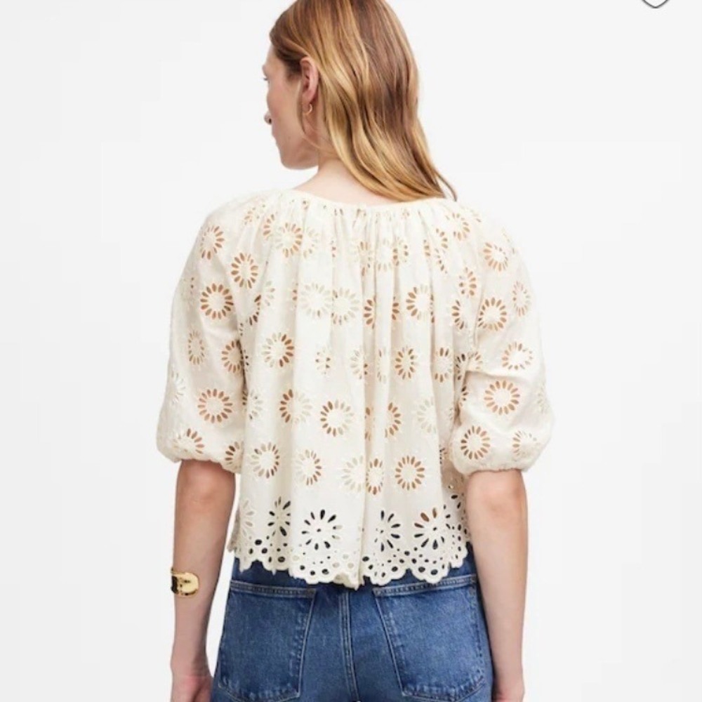 Madewell Top Womens Small Embroidered Shirred Puff Sleeve Eyelet Cream NV195 - Picture 3 of 9